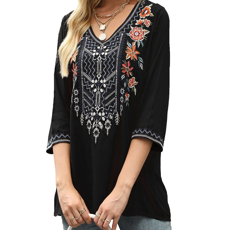 Buddha Stones Spring Casual Plain Embroidery Floral Pattern Design Three Quarter Sleeve V-neck Cotton Women's T-Shirt - Black - US12，UK/AU16，EU44 (3XL) - image 7