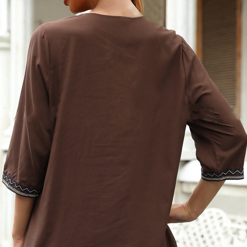 Buddha Stones Spring Casual Plain Embroidery Floral Pattern Design Three Quarter Sleeve V-neck Cotton Women's T-Shirt - image 3