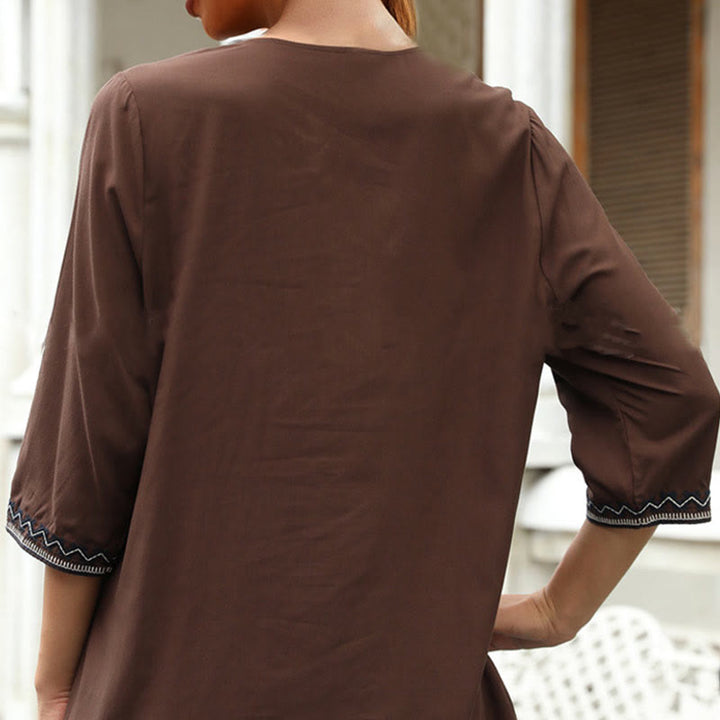 Buddha Stones Spring Casual Plain Embroidery Floral Pattern Design Three Quarter Sleeve V-neck Cotton Women's T-Shirt - image 3