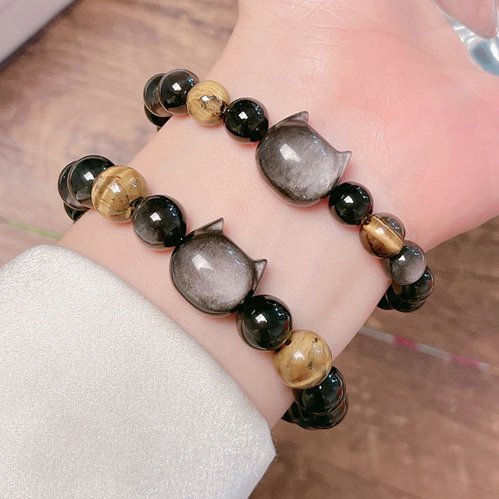 Buddha Stones Natural Silver Sheen Obsidian Beads Cute Cat Soothing Bracelet - image 9