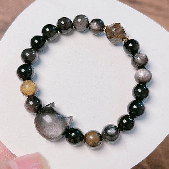 Buddha Stones Natural Silver Sheen Obsidian Beads Cute Cat Soothing Bracelet - image 10