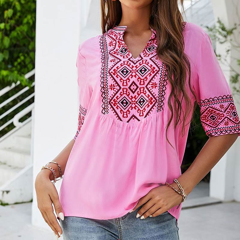 Buddha Stones Summer Boho Embroidery Floral Pattern Half Sleeve V-neck Cotton Women's T-Shirt - HotPink - US14，UK/AU18，EU46 (4XL) - image 0