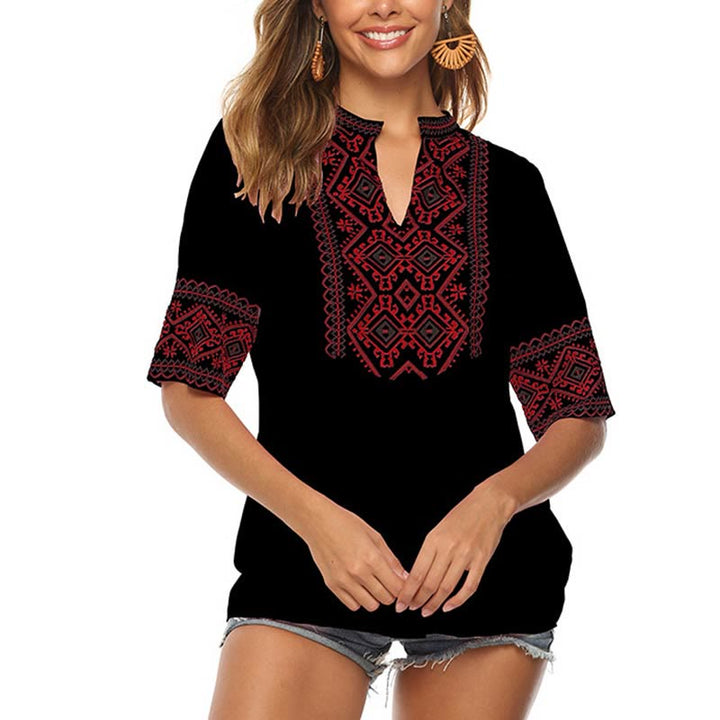 Buddha Stones Summer Boho Embroidery Floral Pattern Half Sleeve V-neck Cotton Women's T-Shirt