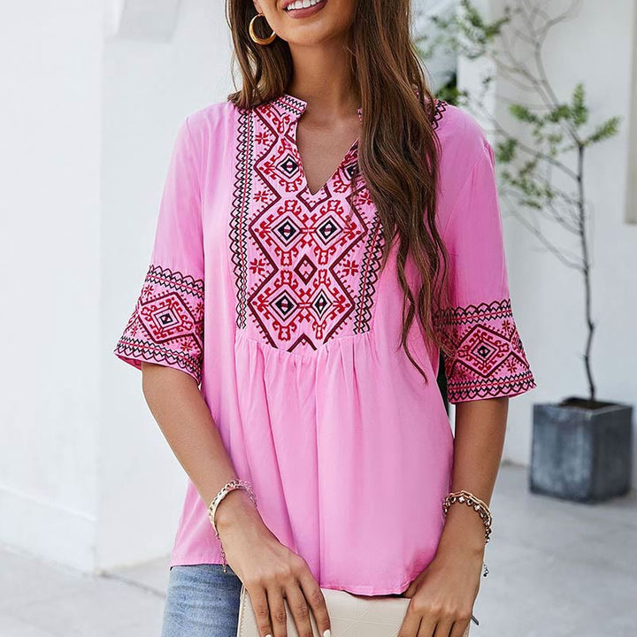 Buddha Stones Summer Boho Embroidery Floral Pattern Half Sleeve V-neck Cotton Women's T-Shirt