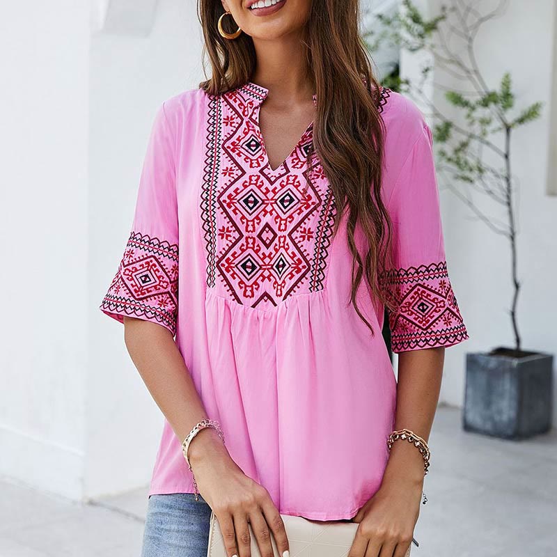 Buddha Stones Summer Boho Embroidery Floral Pattern Half Sleeve V-neck Cotton Women's T-Shirt - image 2