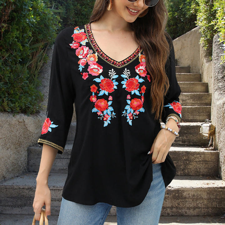 Buddha Stones Black Casual Embroidery Rose Pattern Three Quarter Sleeve Crew Neck Cotton Women's T-Shirt - image 4