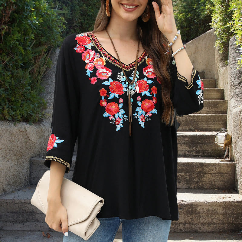 Buddha Stones Black Casual Embroidery Rose Pattern Three Quarter Sleeve Crew Neck Cotton Women's T-Shirt - Black - US12，UK/AU16，EU44 (3XL) - image 0