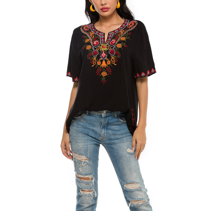 Buddha Stones Black Casual Embroidery Flower Design Half Sleeve Notched Cotton Women's T-Shirt - image 7