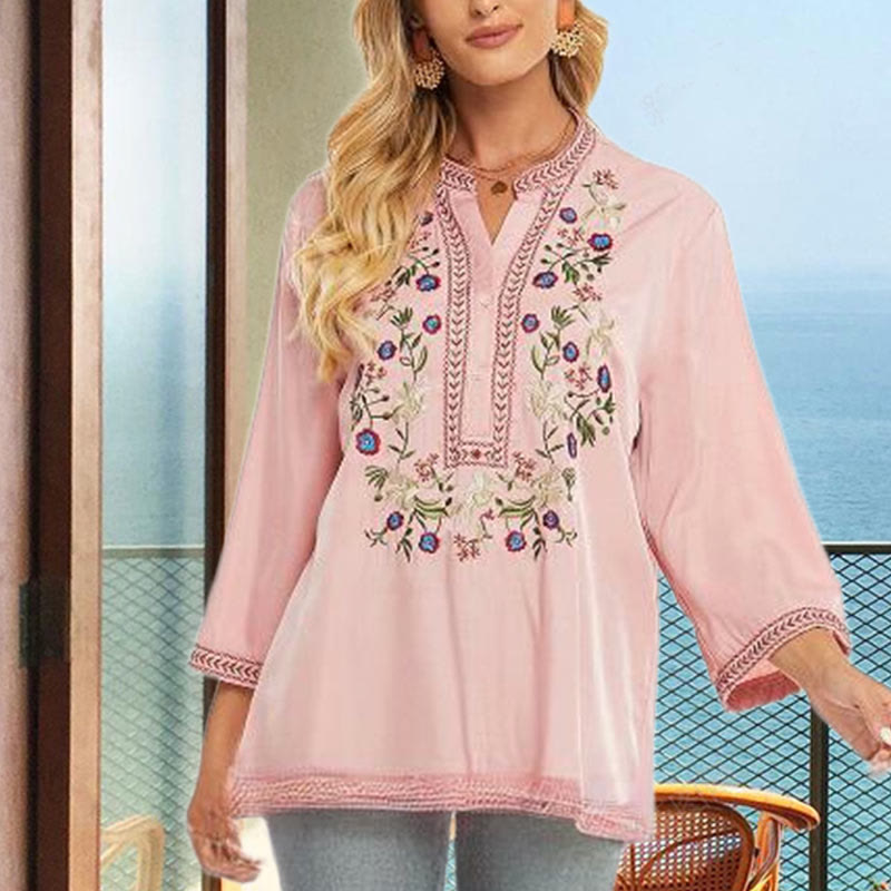 Buddha Stones Pure Color Embroidery Flower Design Long Sleeve V-Neck Cotton Women's T-Shirt