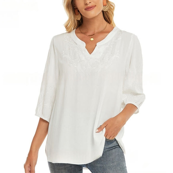 Buddha Stones Casual Solid Color Embroidery Flower Three Quarter Sleeve V-Neck Cotton Women's T-Shirt - image 5