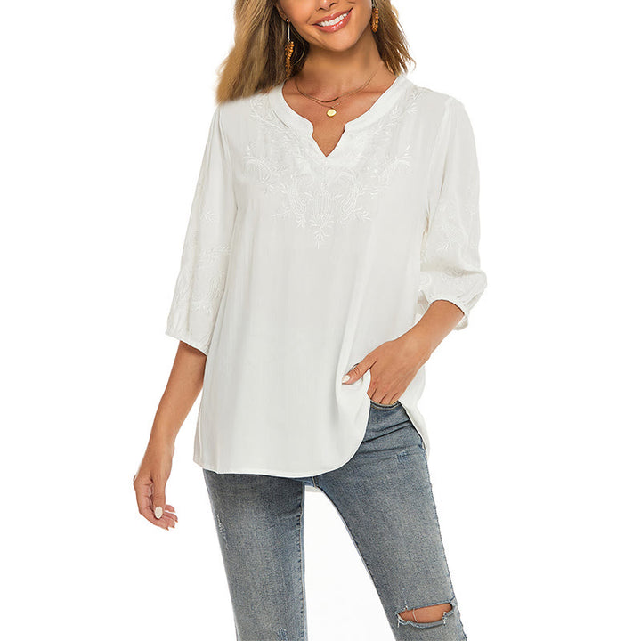 Buddha Stones Casual Solid Color Embroidery Flower Three Quarter Sleeve V-Neck Cotton Women's T-Shirt - FloralWhite - US12，UK/AU16，EU44 (3XL) - image 0