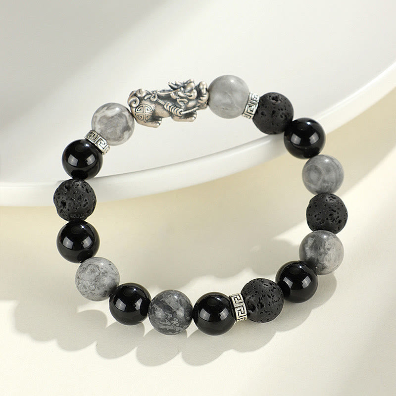 Buddha Stones 999 Sterling Silver PiXiu Black Onyx Grey Jasper Lava Rock Protection Bracelet - image 2