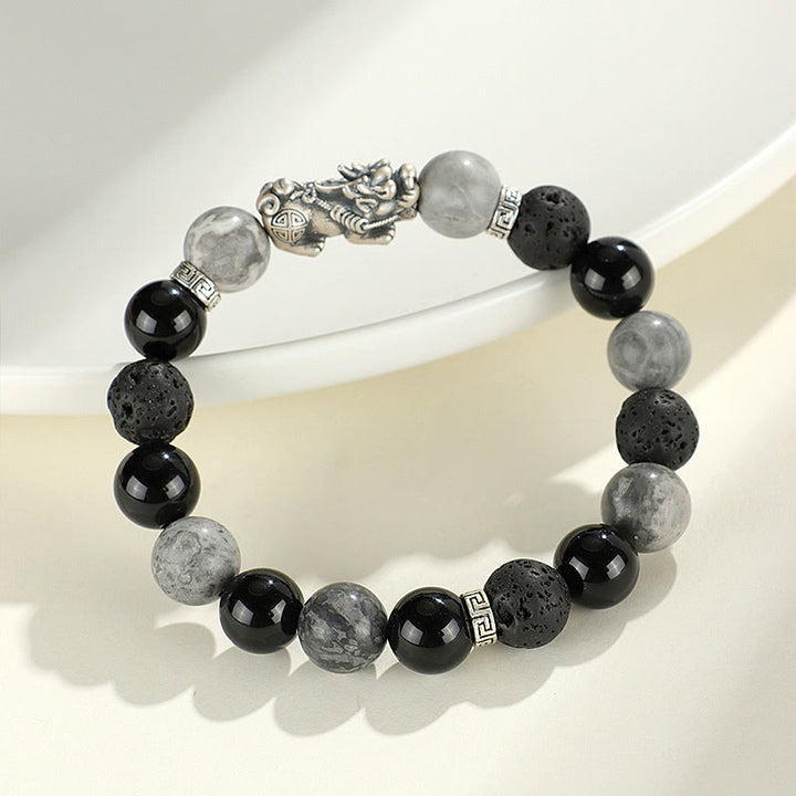 Buddha Stones 999 Sterling Silver PiXiu Black Onyx Grey Jasper Lava Rock Protection Bracelet - image 2