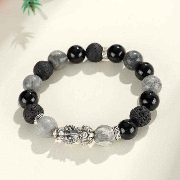 Buddha Stones 999 Sterling Silver PiXiu Black Onyx Grey Jasper Lava Rock Protection Bracelet - image 11