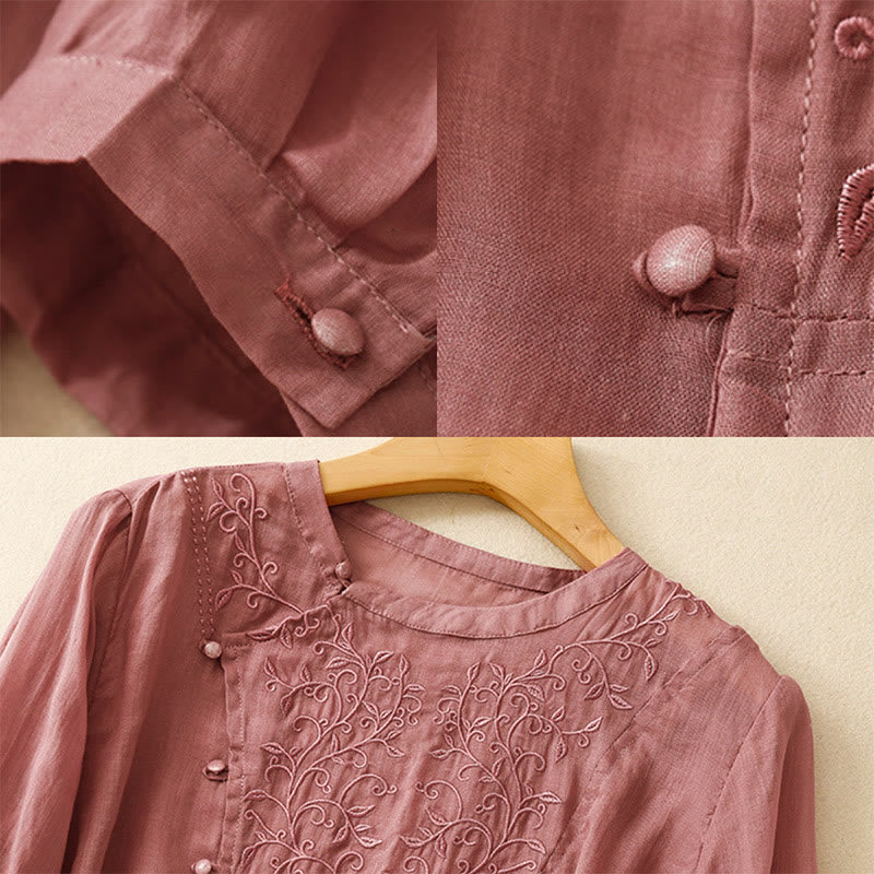 Buddha Stones Plain Frog-Button Embroidery Vine Long Sleeve Slanted Collar Cotton Linen Women's Shirt - image 3
