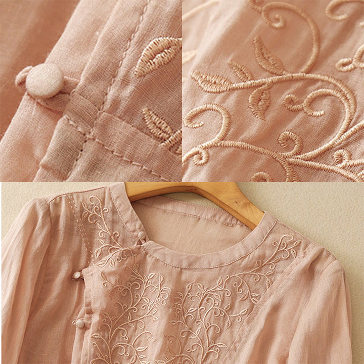 Buddha Stones Plain Frog-Button Embroidery Vine Long Sleeve Slanted Collar Cotton Linen Women's Shirt - image 7
