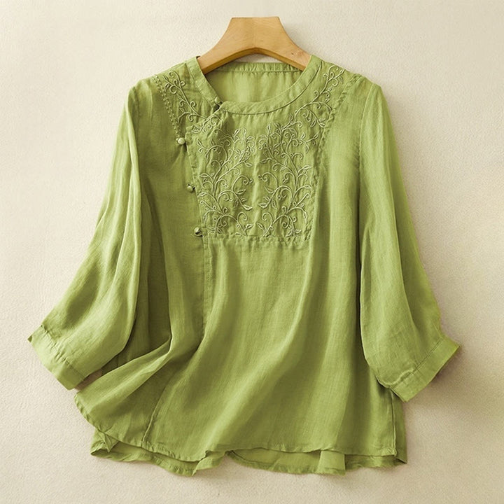 Buddha Stones Plain Frog-Button Embroidery Vine Long Sleeve Slanted Collar Cotton Linen Women's Shirt - LimeGreen - US8-10，UK/AU12-14，EU40-42 (2XL) - image 8