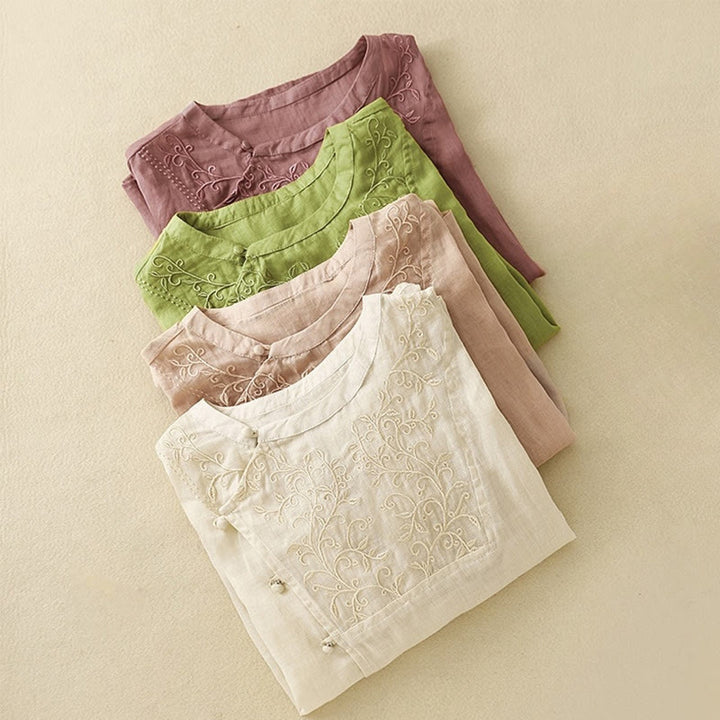 Buddha Stones Plain Frog-Button Embroidery Vine Long Sleeve Slanted Collar Cotton Linen Women's Shirt - image 10