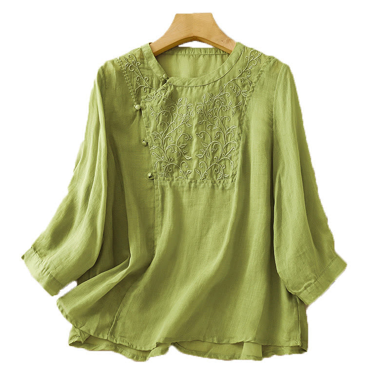 Buddha Stones Plain Frog-Button Embroidery Vine Long Sleeve Slanted Collar Cotton Linen Women's Shirt - image 9