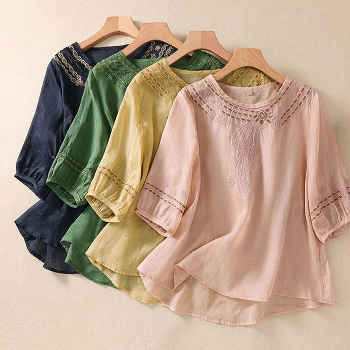 Buddha Stones Artistic Plain Floral Embroidered Design Crew Neck Puff Half Sleeve Cotton Linen Women's T-Shirt - image 25