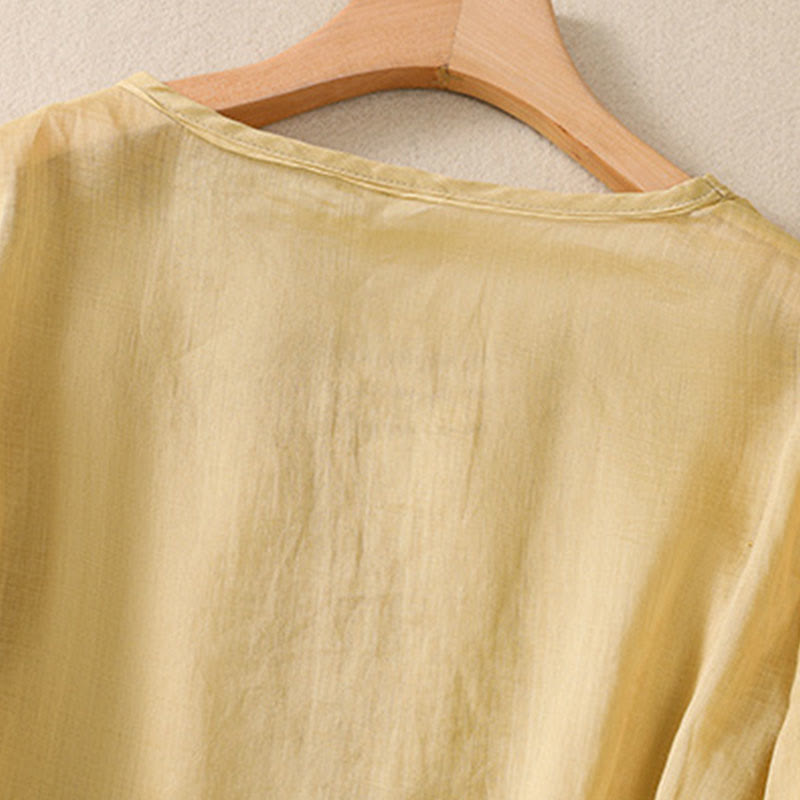 Buddha Stones Artistic Plain Floral Embroidered Design Crew Neck Puff Half Sleeve Cotton Linen Women's T-Shirt - image 16