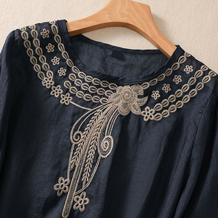 Buddha Stones Artistic Plain Floral Embroidered Design Crew Neck Puff Half Sleeve Cotton Linen Women's T-Shirt - image 2