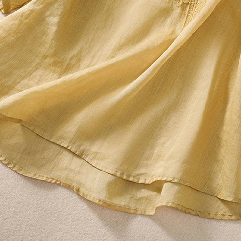 Buddha Stones Artistic Plain Floral Embroidered Design Crew Neck Puff Half Sleeve Cotton Linen Women's T-Shirt - image 18