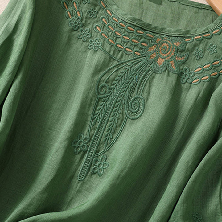 Buddha Stones Artistic Plain Floral Embroidered Design Crew Neck Puff Half Sleeve Cotton Linen Women's T-Shirt - image 22