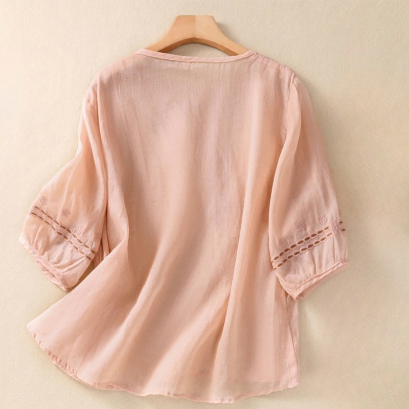 Buddha Stones Artistic Plain Floral Embroidered Design Crew Neck Puff Half Sleeve Cotton Linen Women's T-Shirt - MistyRose - US8-10，UK/AU12-14，EU40-42 (2XL) - image 5