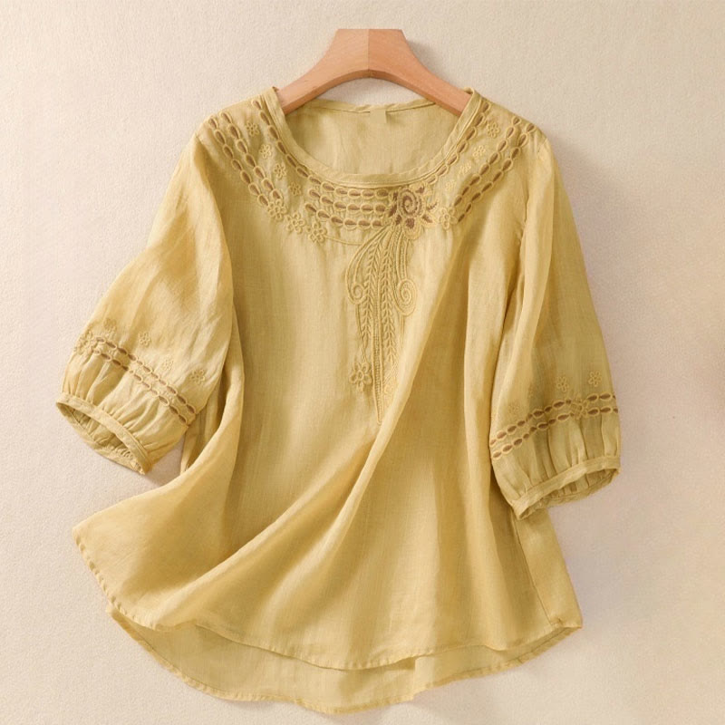 Buddha Stones Artistic Plain Floral Embroidered Design Crew Neck Puff Half Sleeve Cotton Linen Women's T-Shirt - Khaki - US8-10，UK/AU12-14，EU40-42 (2XL) - image 12