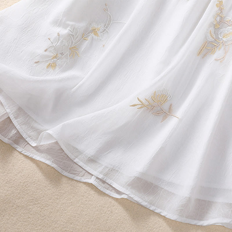 Buddha Stones Embroidery Plants Flower Half Sleeve Plain Frog-Button Stand Collar Women's Shirt