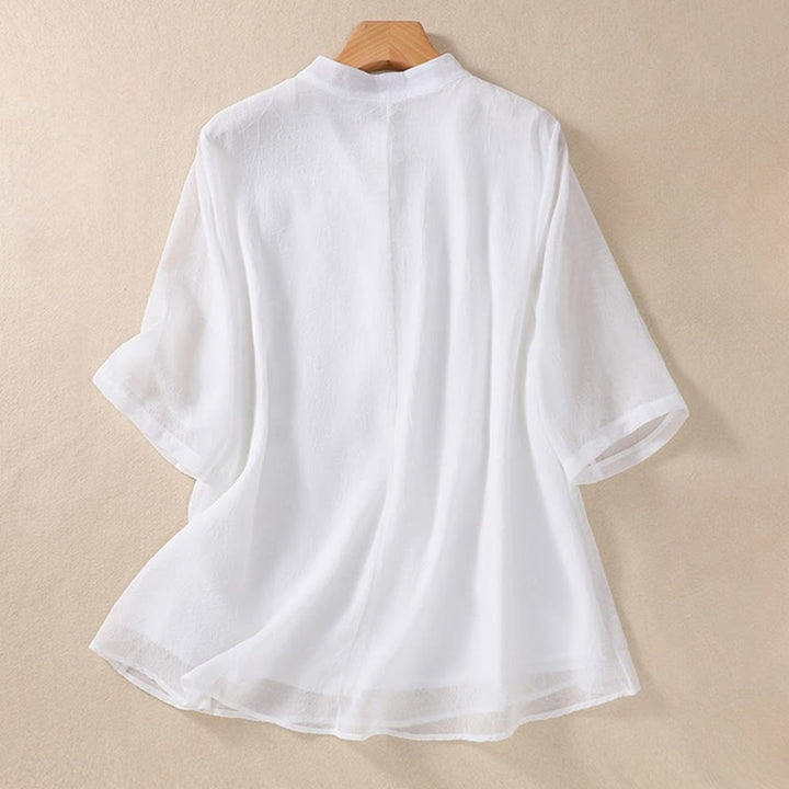 Buddha Stones Embroidery Plants Flower Half Sleeve Plain Frog-Button Stand Collar Women's Shirt