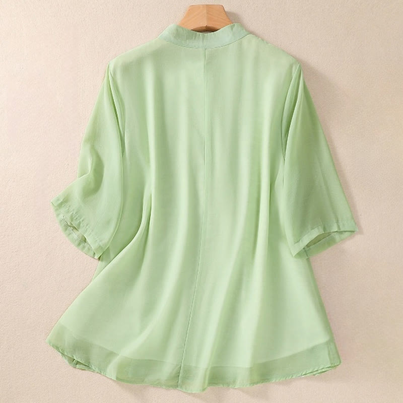 Buddha Stones Embroidery Plants Flower Half Sleeve Plain Frog-Button Stand Collar Women's Shirt