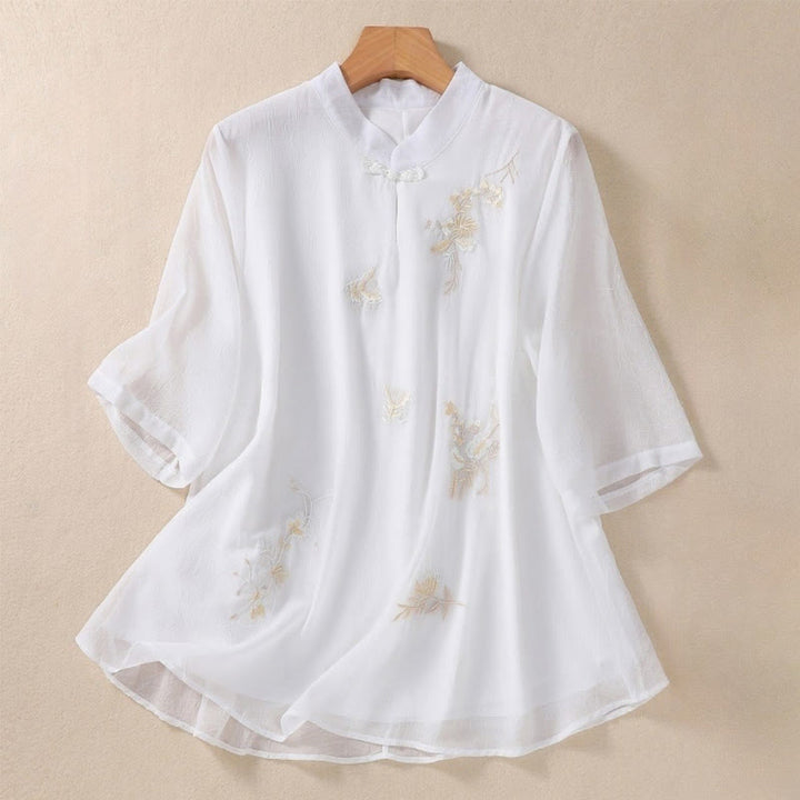 Buddha Stones Embroidery Plants Flower Half Sleeve Plain Frog-Button Stand Collar Women's Shirt