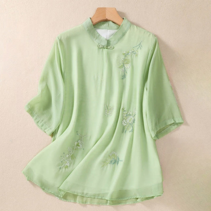 Buddha Stones Embroidery Plants Flower Half Sleeve Plain Frog-Button Stand Collar Women's Shirt