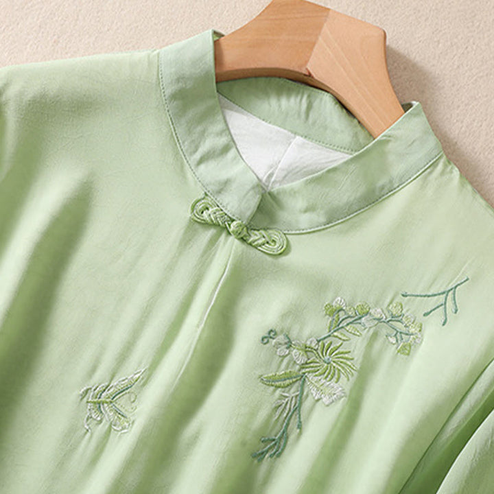 Buddha Stones Embroidery Plants Flower Half Sleeve Plain Frog-Button Stand Collar Women's Shirt - image 2