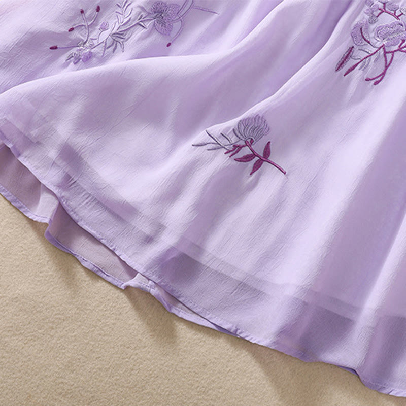 Buddha Stones Embroidery Plants Flower Half Sleeve Plain Frog-Button Stand Collar Women's Shirt - image 25