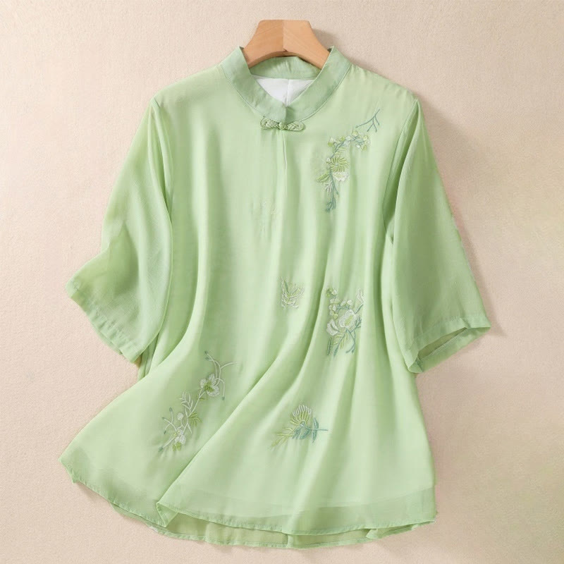 Buddha Stones Embroidery Plants Flower Half Sleeve Plain Frog-Button Stand Collar Women's Shirt - PaleGreen - US8-10，UK/AU12-14，EU40-42 (2XL) - image 0