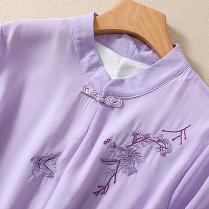 Buddha Stones Embroidery Plants Flower Half Sleeve Plain Frog-Button Stand Collar Women's Shirt