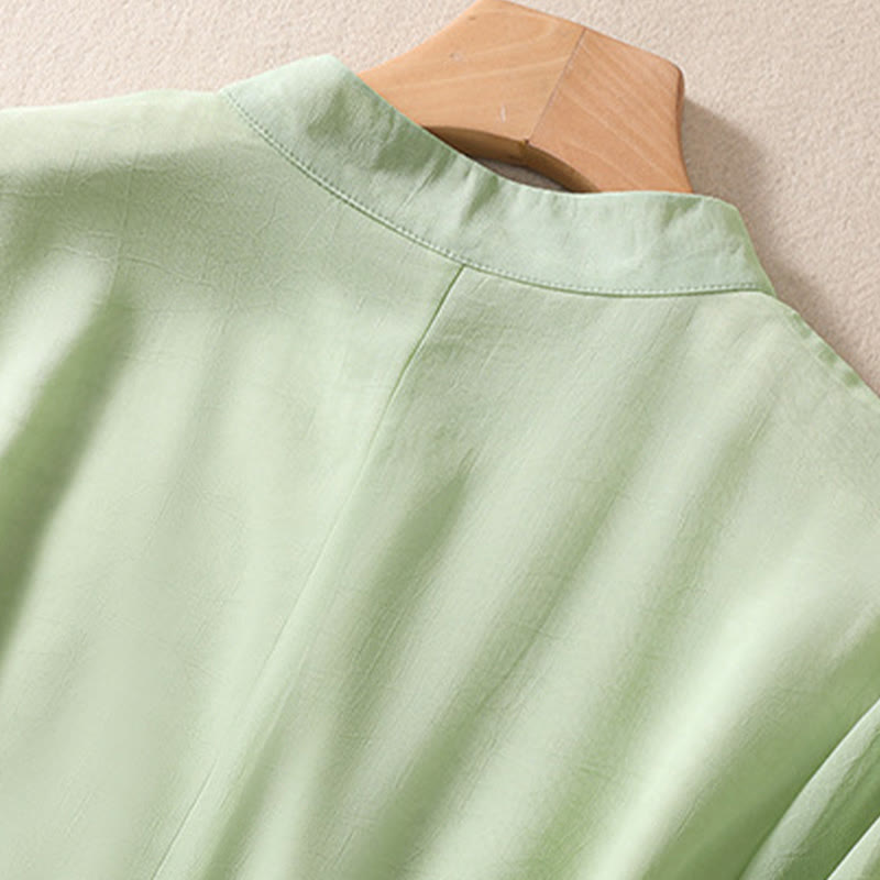 Buddha Stones Embroidery Plants Flower Half Sleeve Plain Frog-Button Stand Collar Women's Shirt