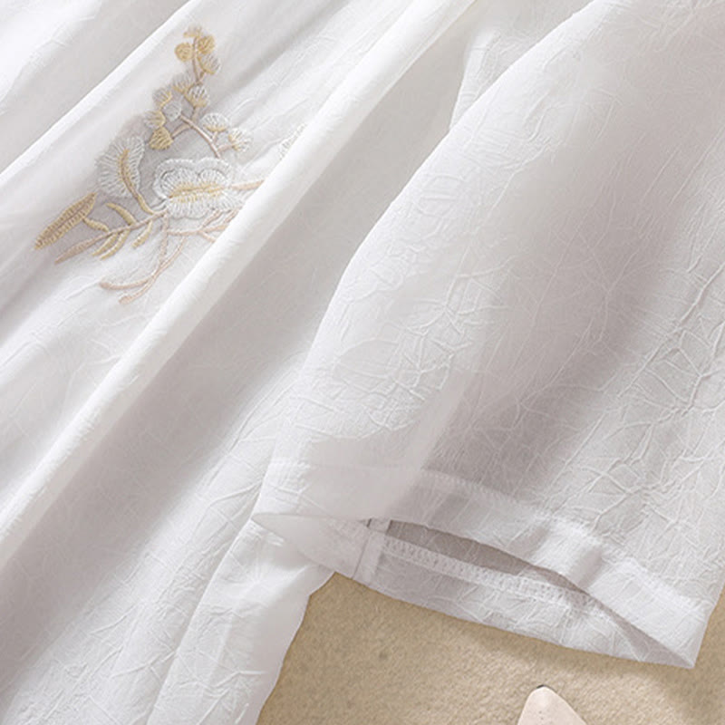 Buddha Stones Embroidery Plants Flower Half Sleeve Plain Frog-Button Stand Collar Women's Shirt - image 15