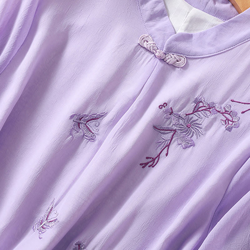 Buddha Stones Embroidery Plants Flower Half Sleeve Plain Frog-Button Stand Collar Women's Shirt