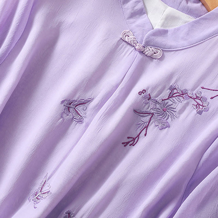 Buddha Stones Embroidery Plants Flower Half Sleeve Plain Frog-Button Stand Collar Women's Shirt - image 22