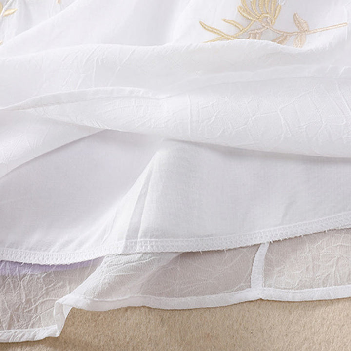 Buddha Stones Embroidery Plants Flower Half Sleeve Plain Frog-Button Stand Collar Women's Shirt - image 17