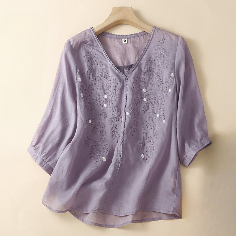 Buddha Stones Summer Casual Flower Branches Embroidered Pattern V-Neck Half Sleeve Women's T-shirt - MediumOrchid - US8-10，UK/AU12-14，EU40-42 (2XL) - image 7