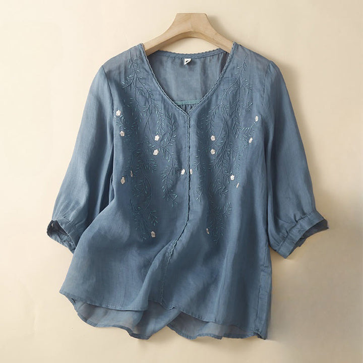 Buddha Stones Summer Casual Flower Branches Embroidered Pattern V-Neck Half Sleeve Cotton Linen Women's T-shirt - SteelBlue - US8-10，UK/AU12-14，EU40-42 (2XL) - image 3