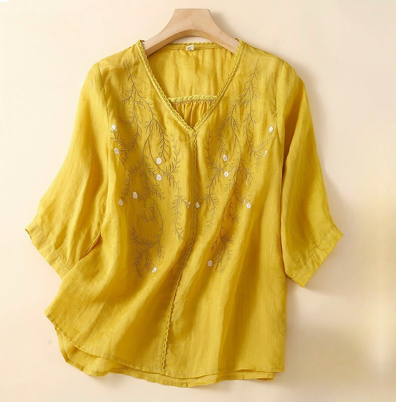 Buddha Stones Summer Casual Flower Branches Embroidered Pattern V-Neck Half Sleeve Cotton Linen Women's T-shirt - Gold - US8-10，UK/AU12-14，EU40-42 (2XL) - image 0