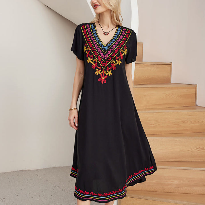 Buddha Stones Black Summer Casual Bohemian Embroidery Geometric Pattern Short Sleeve V-Neck Cotton Midi Dress