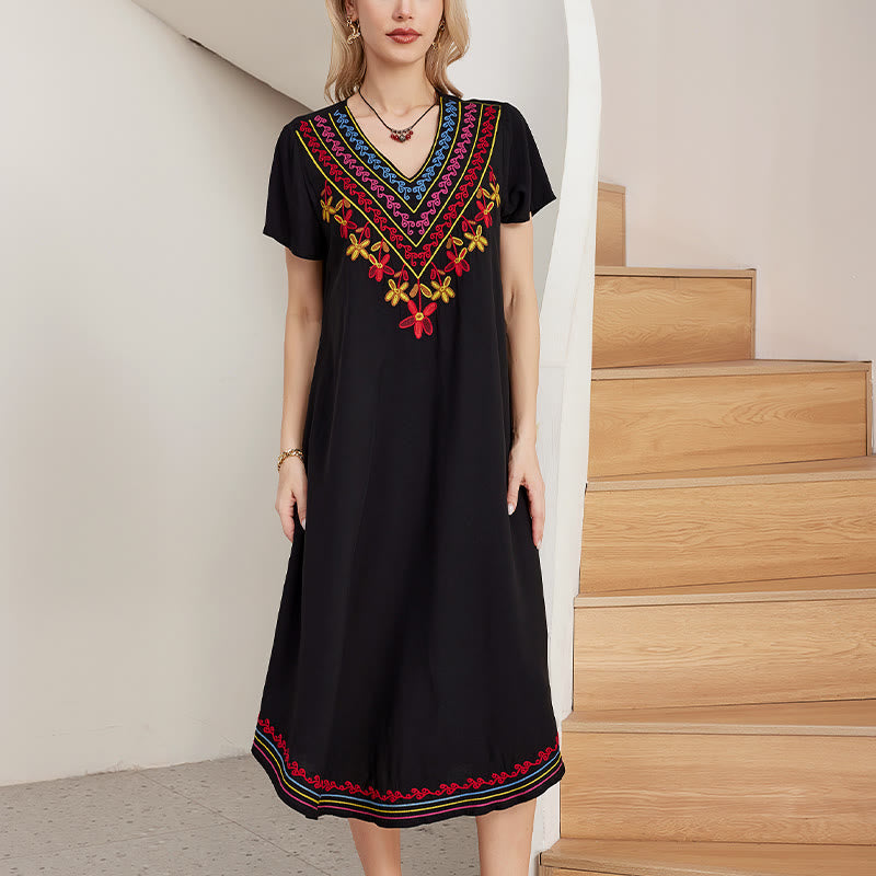 Buddha Stones Black Summer Casual Bohemian Embroidery Geometric Pattern Short Sleeve V-Neck Cotton Midi Dress