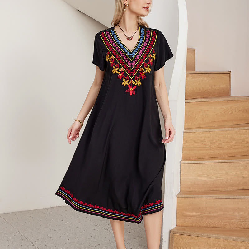 Buddha Stones Black Summer Casual Bohemian Embroidery Geometric Pattern Short Sleeve V-Neck Cotton Midi Dress - Black - US8-10，UK/AU12-14，EU40-42 (2XL) - image 0
